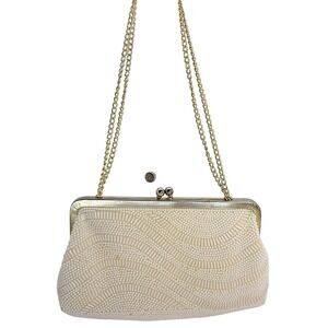 Vintage Cream Beaded Clutch Evening Bag Gold Chain Strap and Kiss Lock‎ Closure